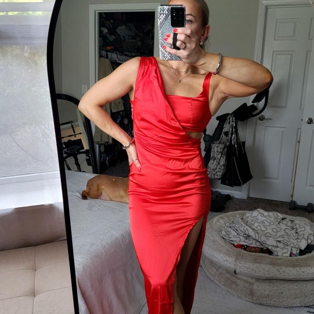 NWT FEMME LUXE ASYMMETRICAL SATIN MAXI DRESS